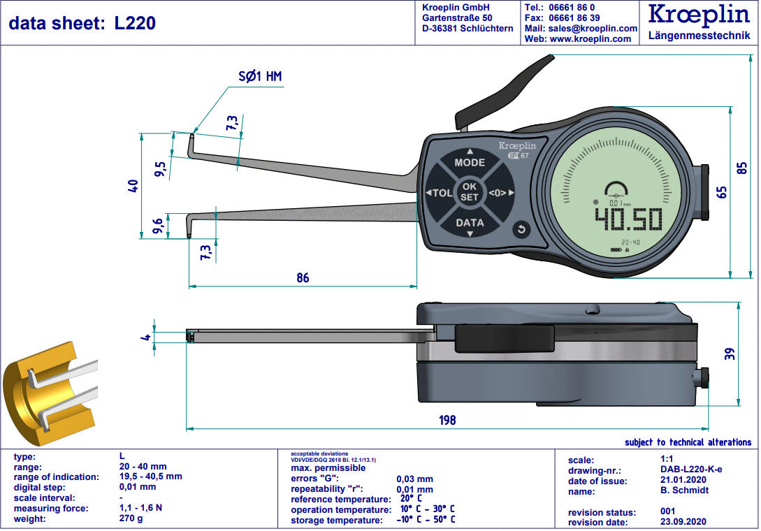 Mitutoyo Internal Digital Caliper Gauge L220, 20-40mm/.8-1.6"