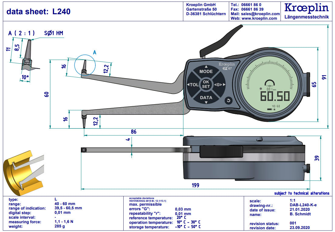 Mitutoyo Internal Digital Caliper Gauge L240, 40-60mm 1.6-2.4"