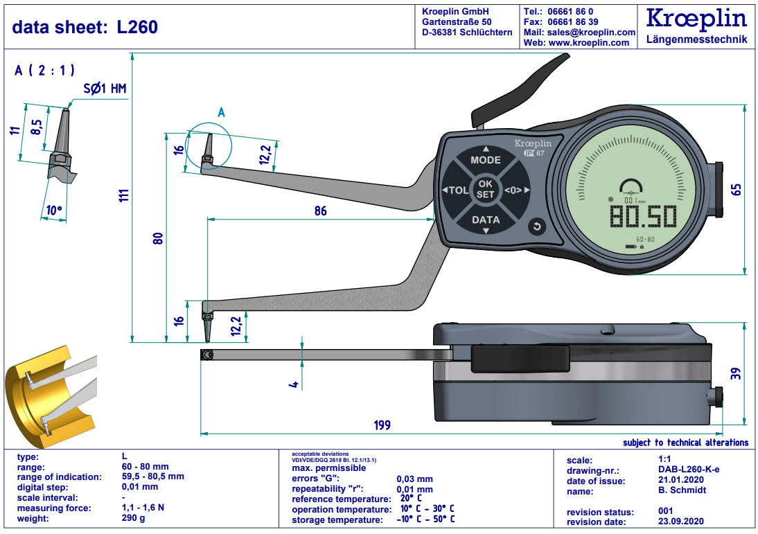 Mitutoyo Internal Digital Caliper Gauge L260, 60-80mm/2.4-3.2"