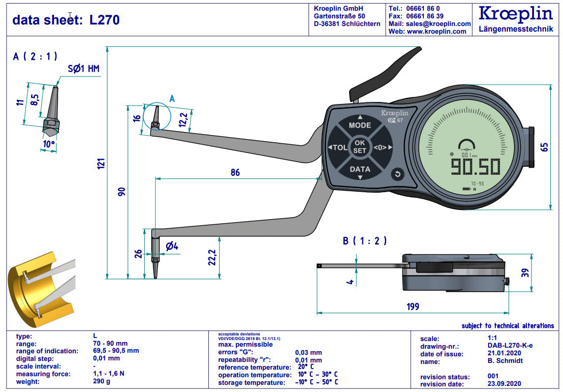 Internal Digital Caliper Gauge L270, 70-90mm/2.8-3.6"