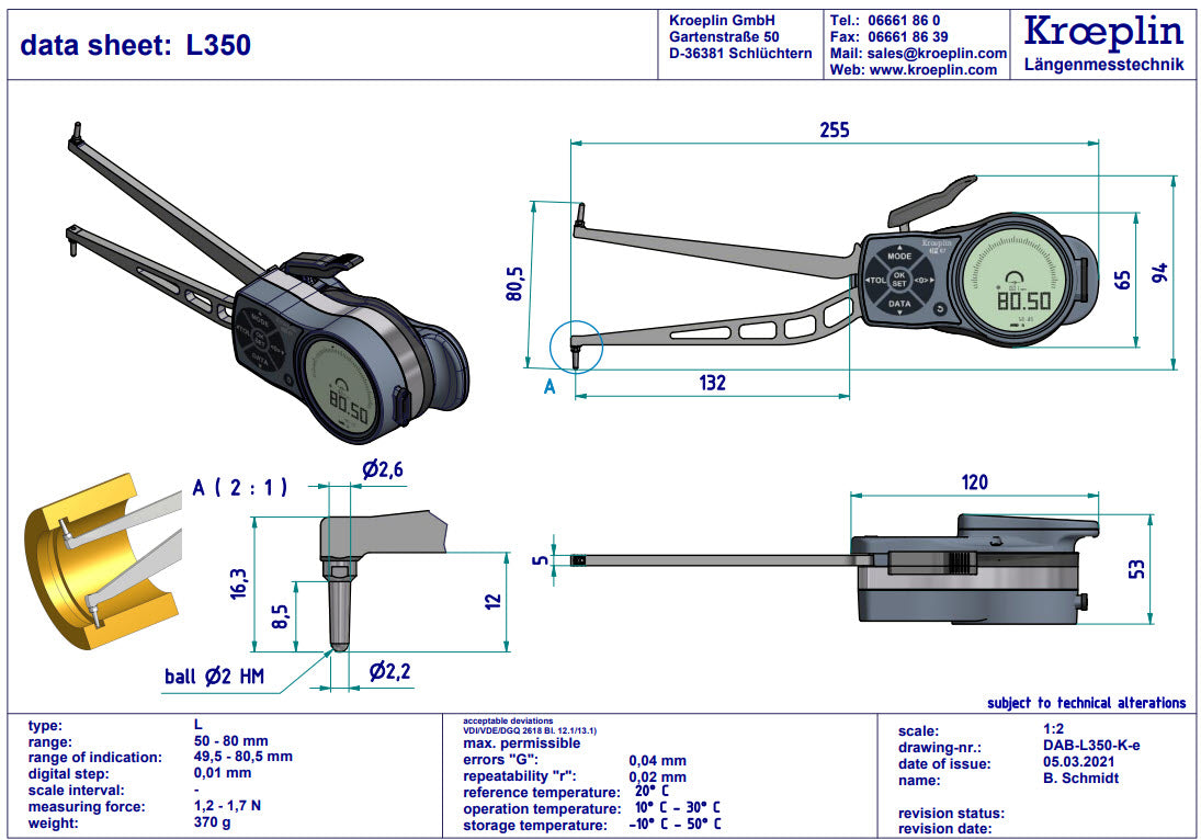 Mitutoyo Internal Digital Caliper Gauge L350, 50-80mm/2-3.2"