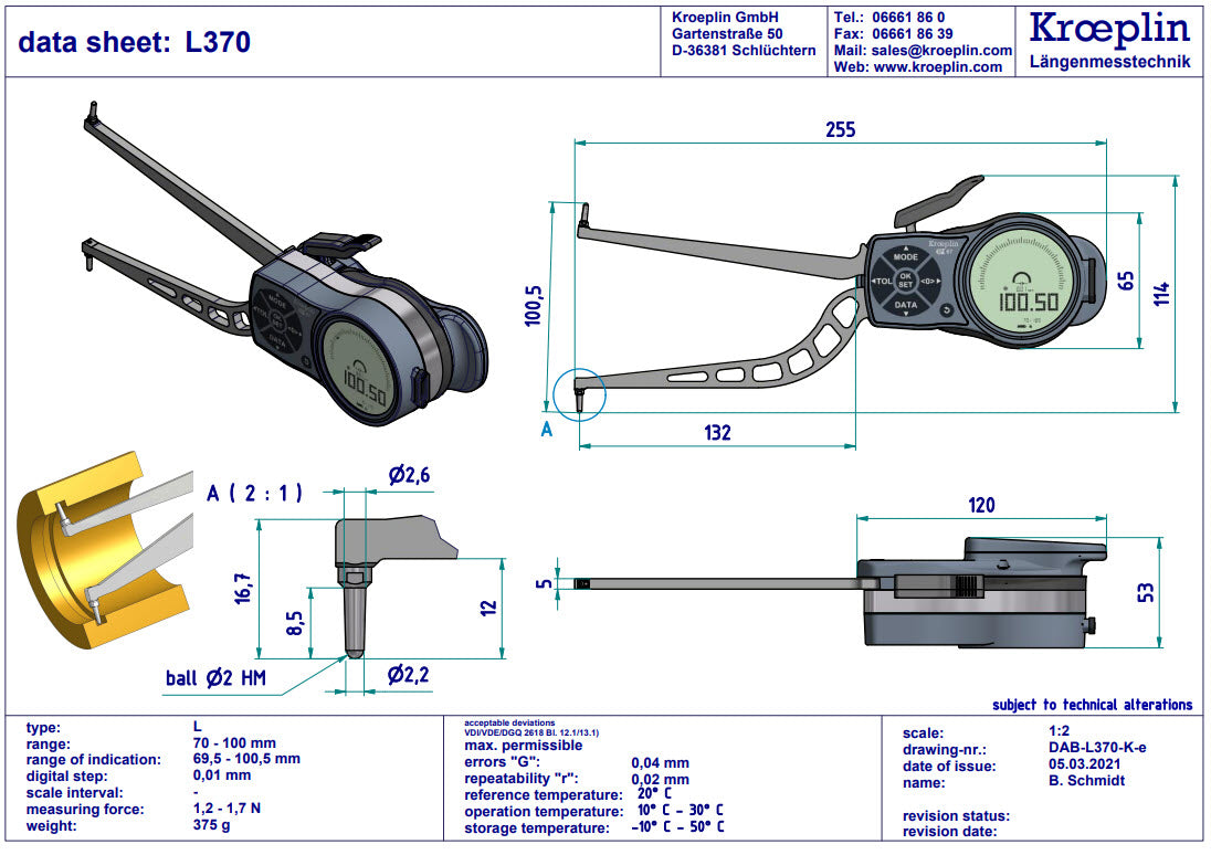 Kroeplin Internal Digital Caliper Gauge L370, 70-100mm/2.75-4" ( Mitutoyo Equivalent 209-948)