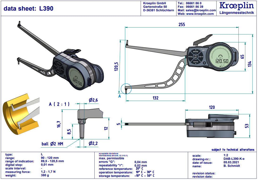 Internal Digital Caliper Gauge L390, 90-120mm/3.6-4.8"