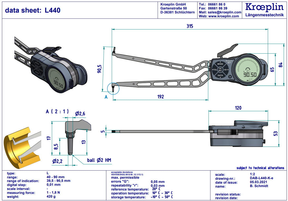 Kroeplin Internal Digital Caliper Gauge L415, 15-65mm/.6-2.6"