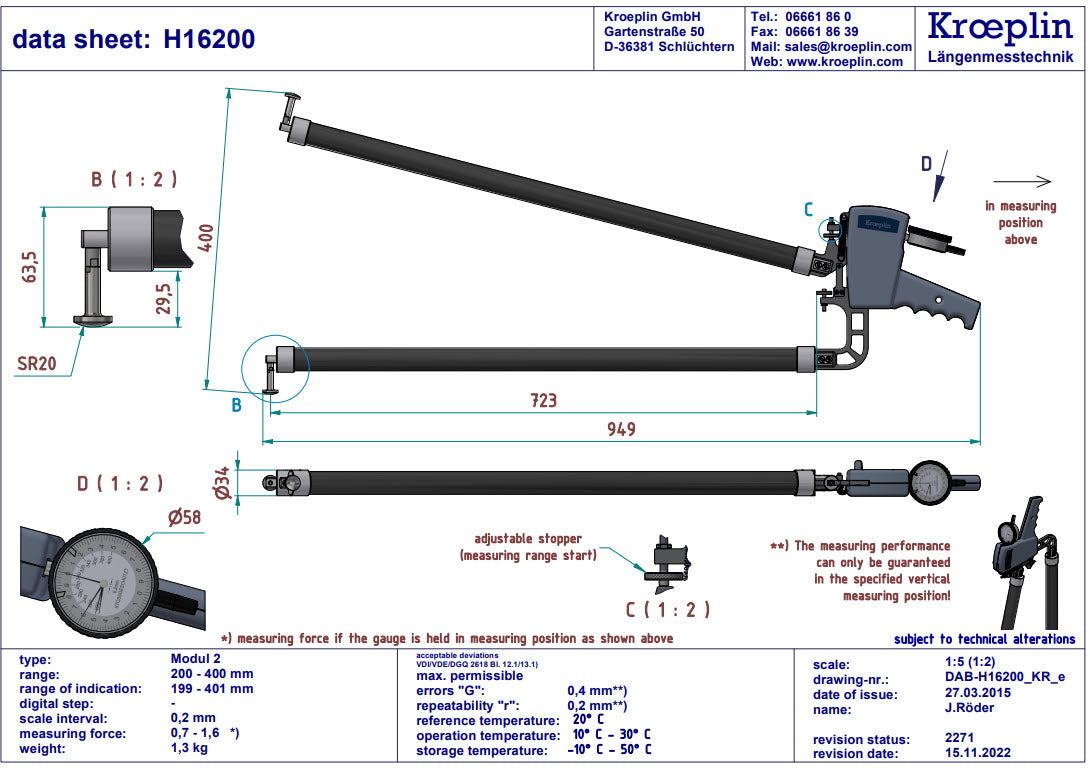 Metric Internal Caliper Gauge 200-400mm, 0.2mm H16200