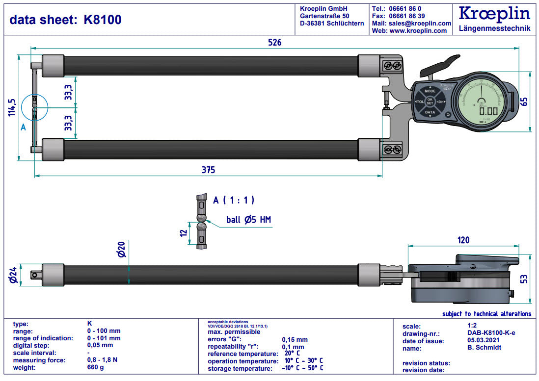 Digital External Caliper Gauge 0-100mm, 0.001mm K8100