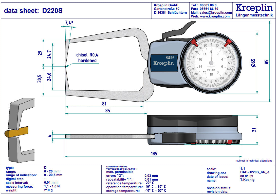 Mitutoyo Internal Dial Caliper Gauge D220S, 0-20mm