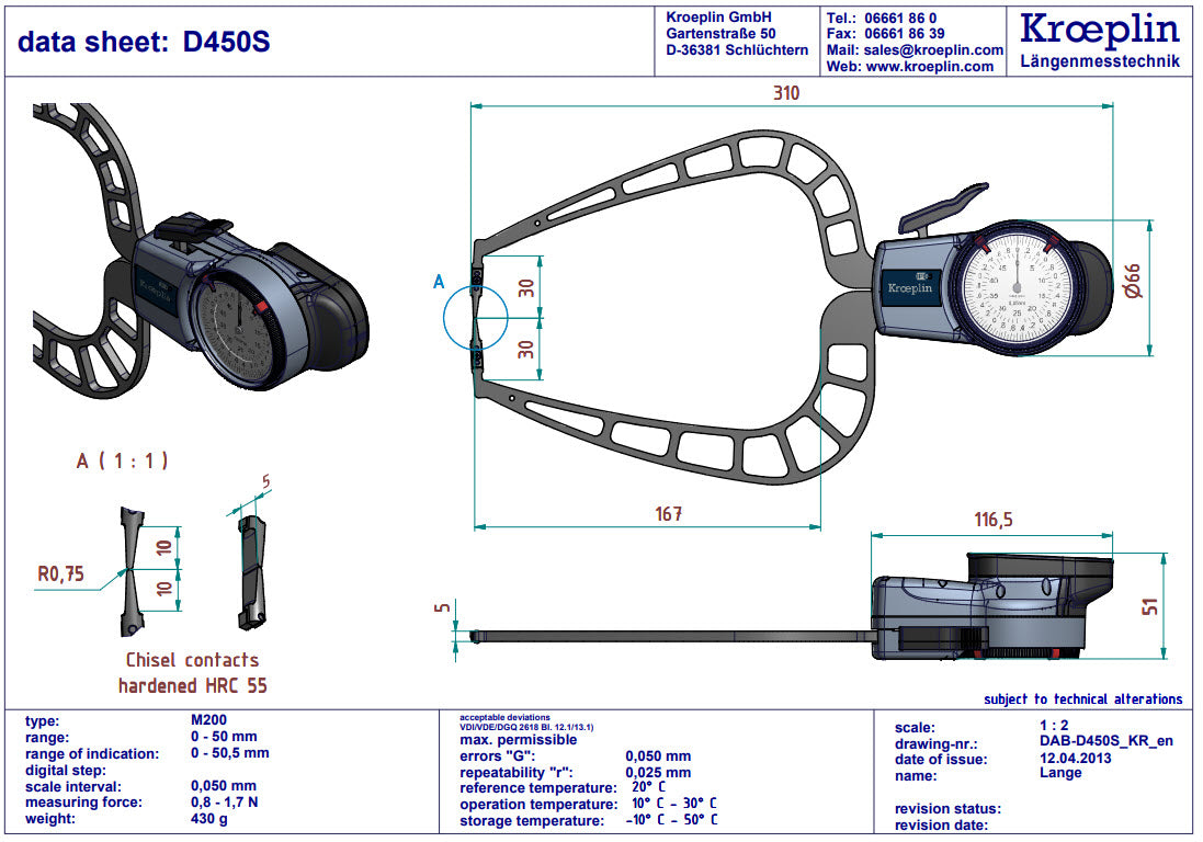 Internal Dial Caliper Gauge  D450S, 0-50mm