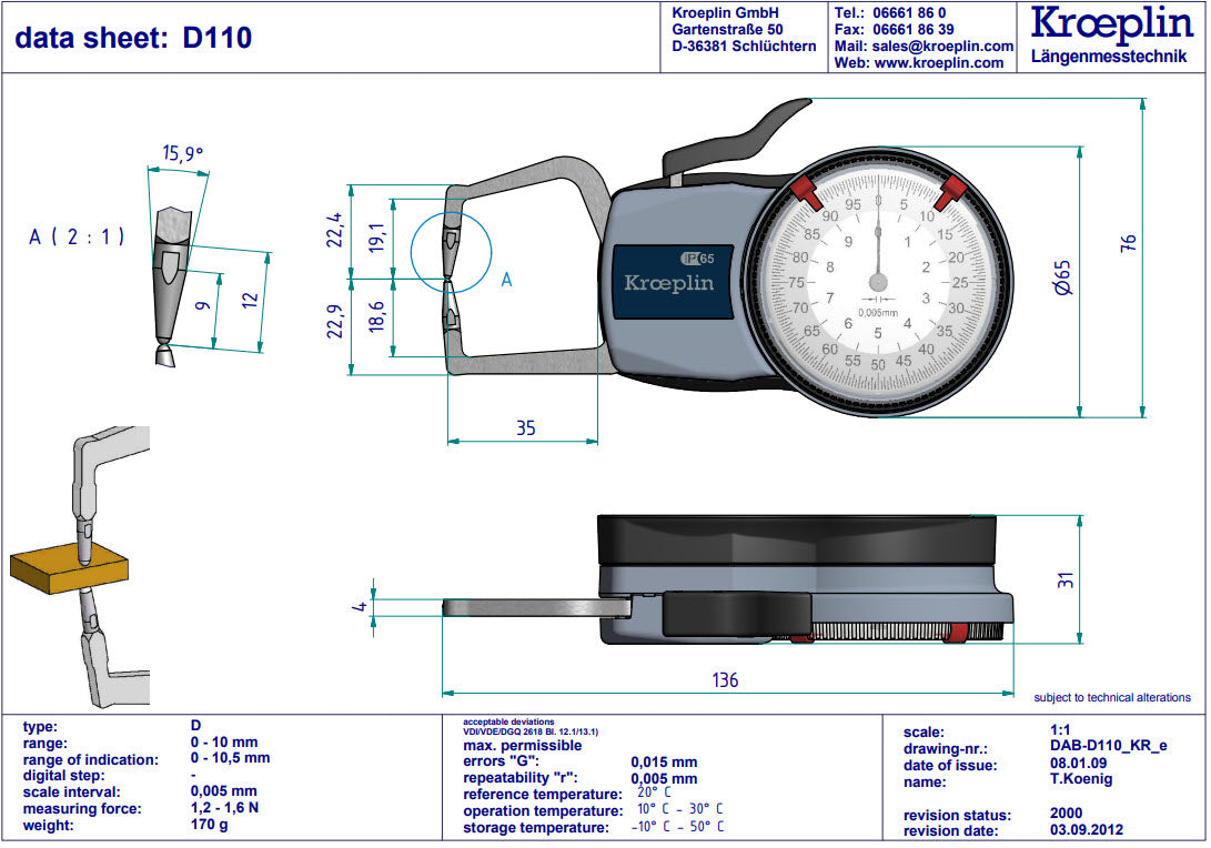 Kroeplin Metric External Caliper Gauge 0-10mm, 0.005mm, D110S