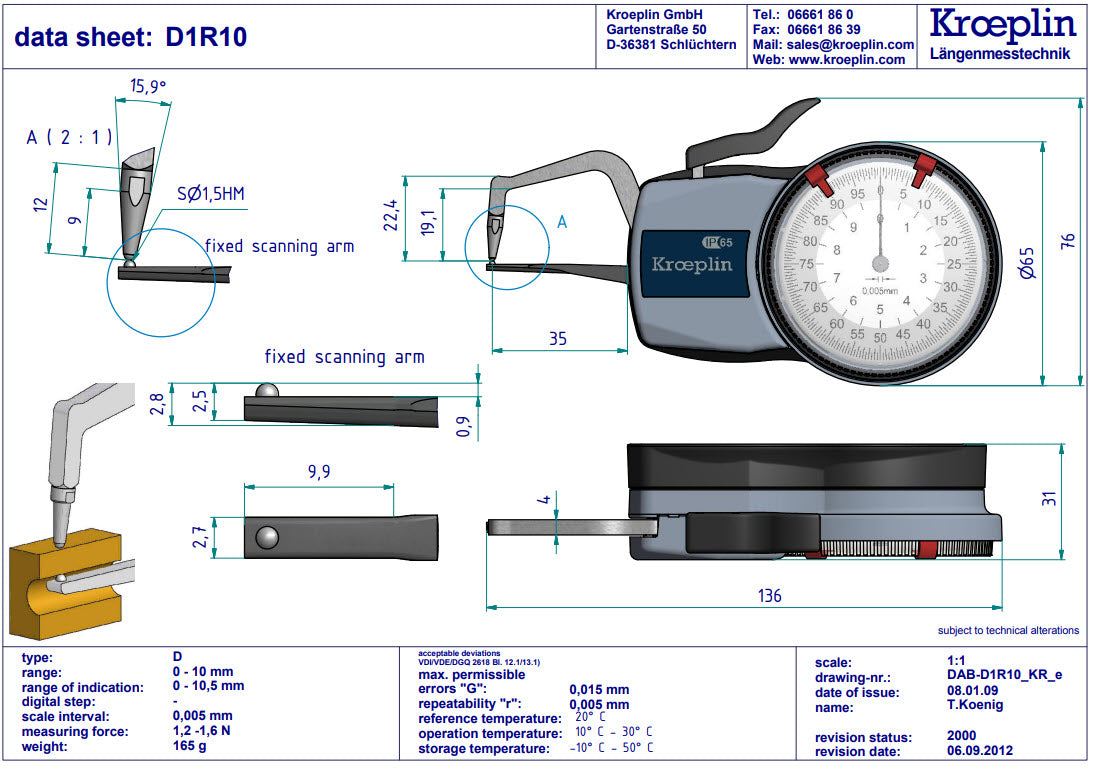 Kroeplin Analogue Tube Wall Caliper Gauge 0-10mm, 0.005mm D1R10