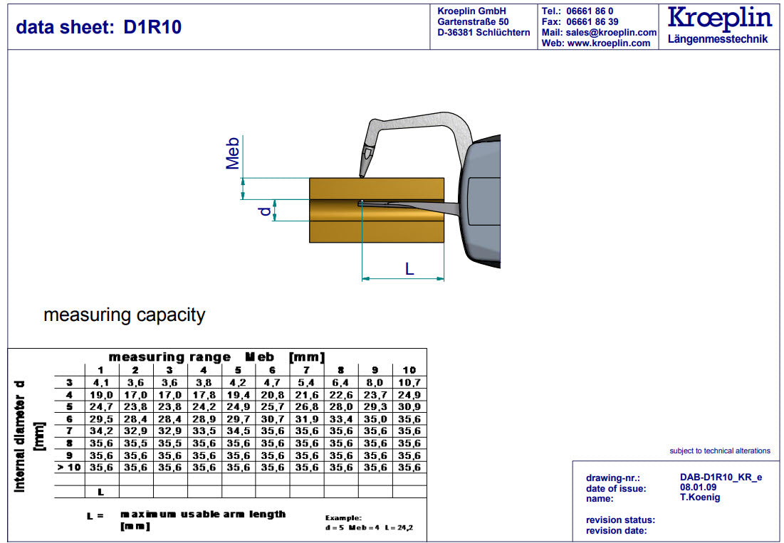 Kroeplin Analogue Tube Wall Caliper Gauge 0-10mm, 0.005mm D1R10