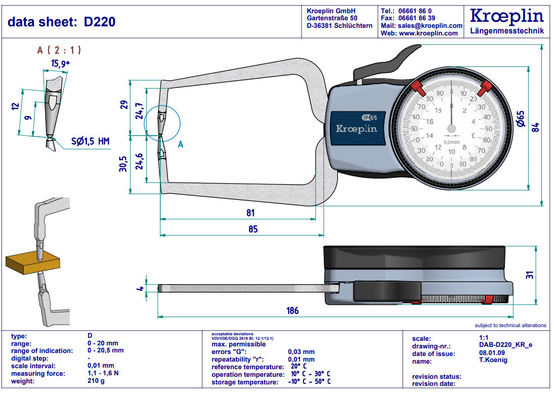 Kroeplin Metric External Caliper Gauge 0-20mm, 0.01mm, D220