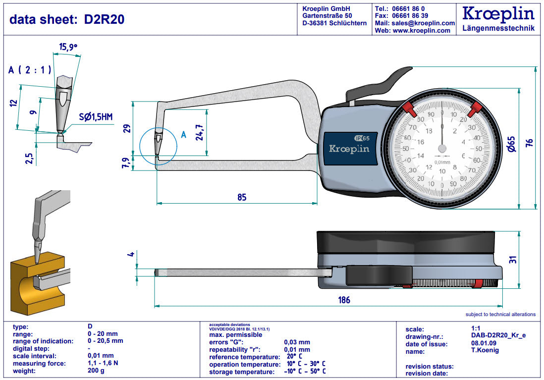 Kroeplin Analogue Tube Wall Caliper Gauge 0-20mm, 0.01mm D2R20