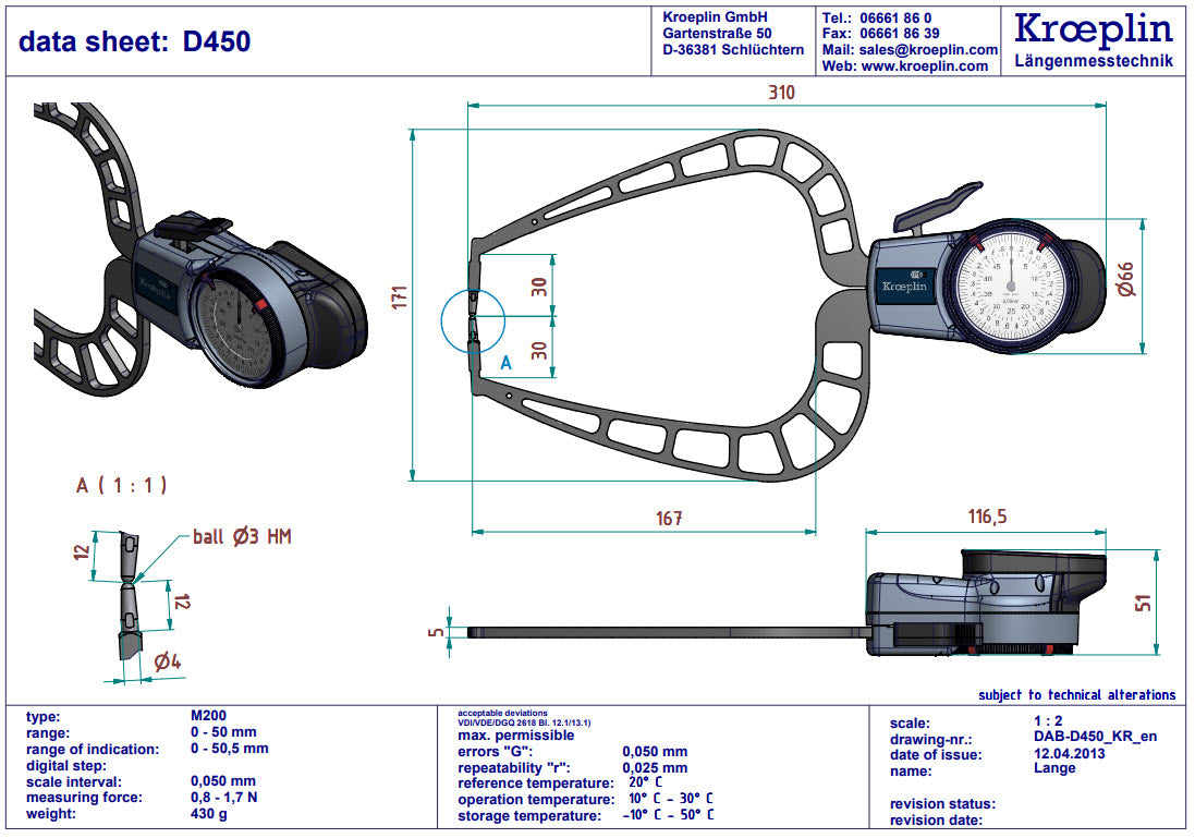 External Dial Caliper Gauge , 0,005mm D450,  0-50mm