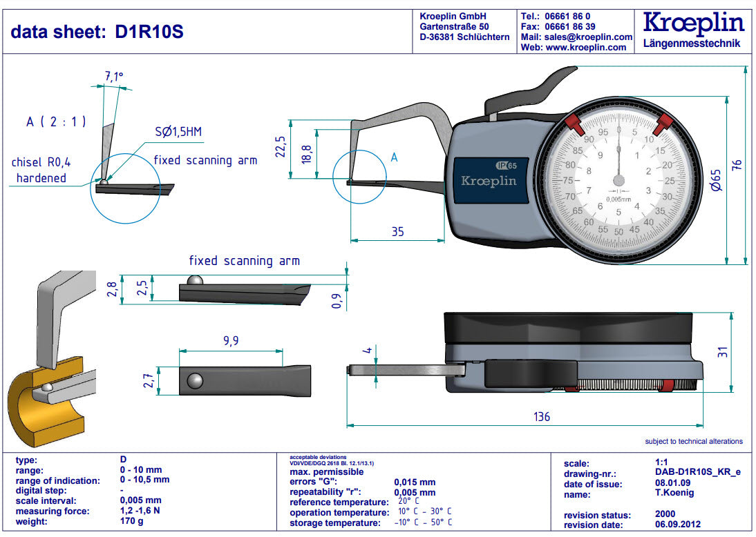 Kroeplin Analogue Tube Wall Caliper Gauge 0-10mm, 0.005mm D1R10S (Mitutoyo Equivalent  209-401)