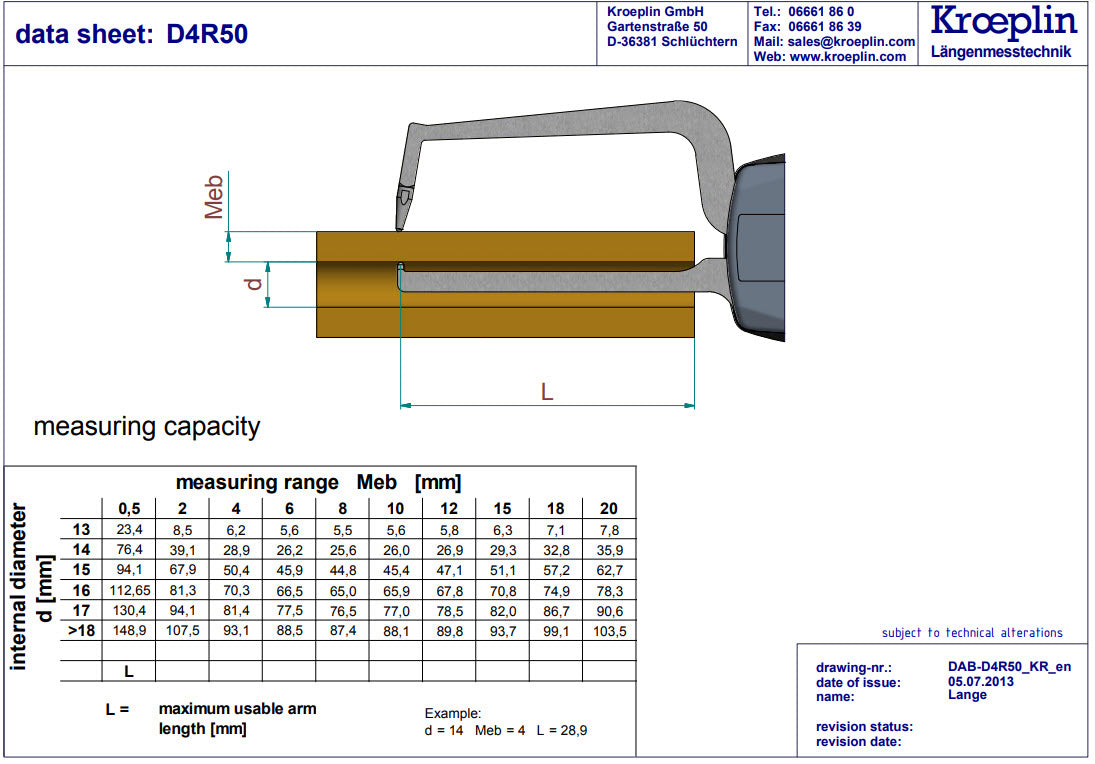 Analogue Tube Wall Caliper Gauge 0-50mm, 0.05mm D4R50