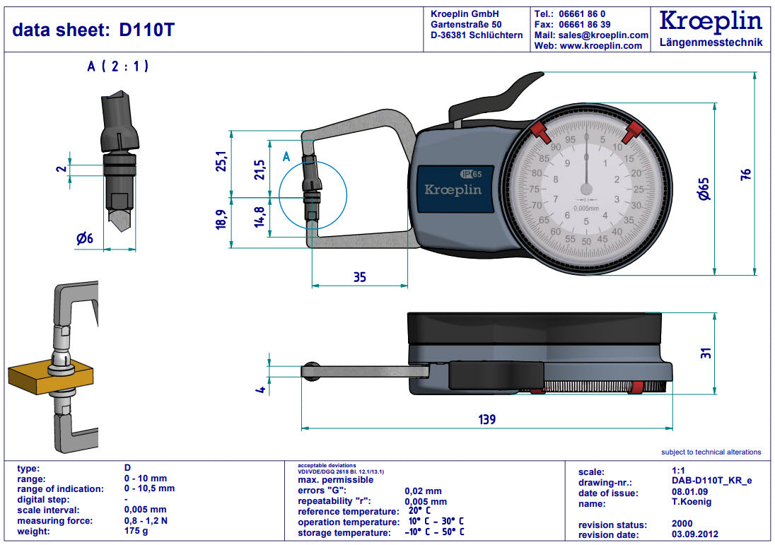 Mitutoyo External Dial Caliper Gauge , 0,005mm D110T, 0-10mm