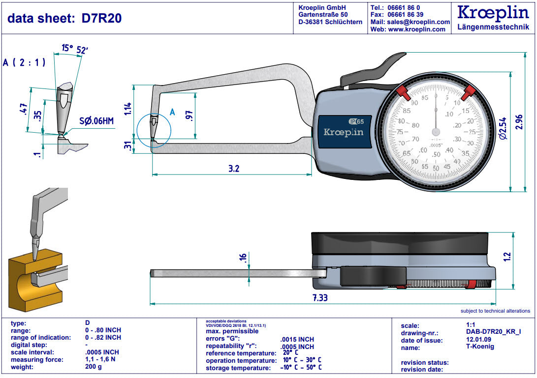 Mitutoyo Internal Dial Caliper Gauge  D7R20, 0-.8"