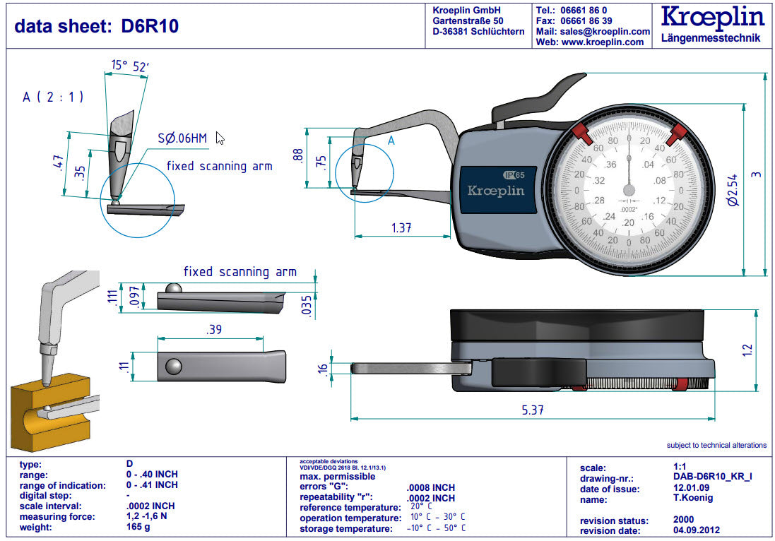 Mitutoyo External Dial Caliper Gauge D6R10, 0-0.4"