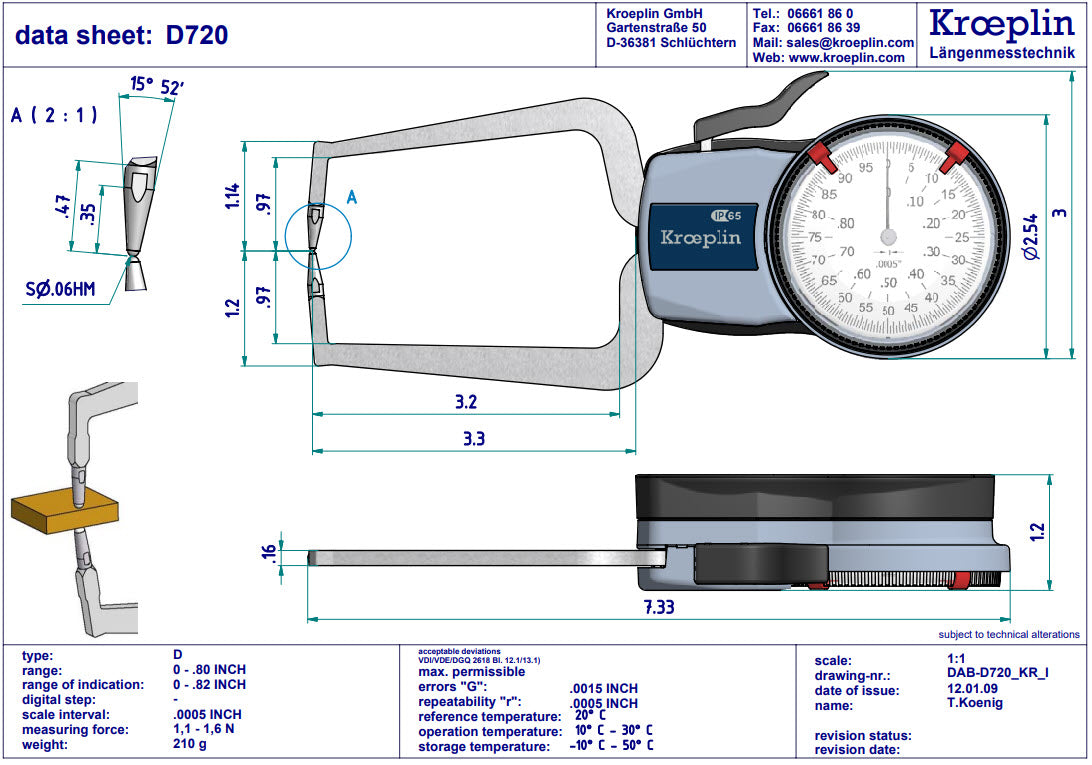 Mitutoyo External Dial Caliper Gauge D720, 0-0.8"