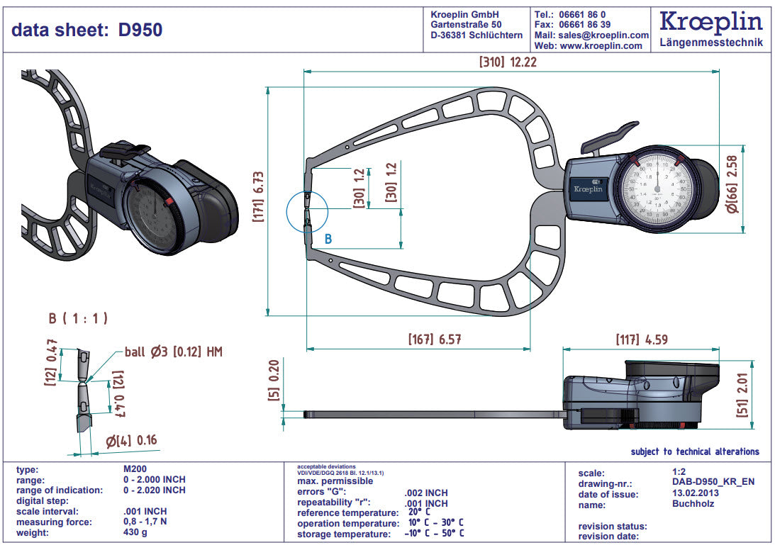 External Dial Caliper Gauge D950 0-2" grad .001"