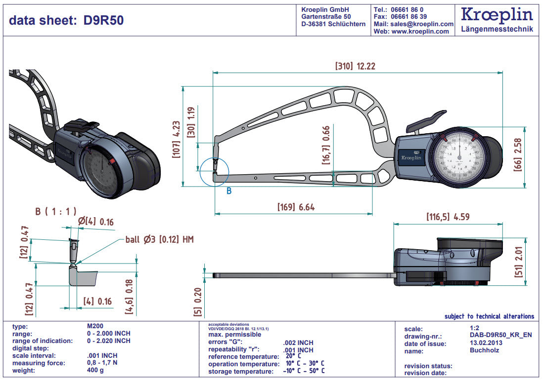 Kroeplin External Dial Caliper Gauge D9R50, 0-2" Grad .001" Wall thickness