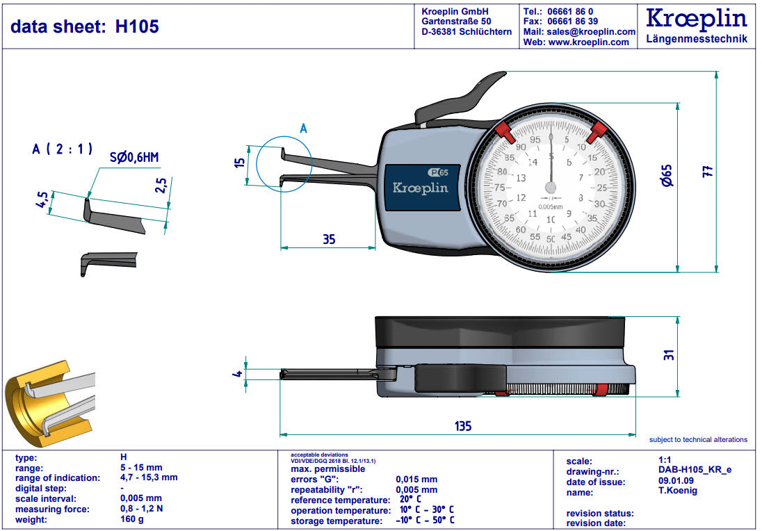 Metric Internal Caliper Gauge 5-15mm, 0.005mm, H105