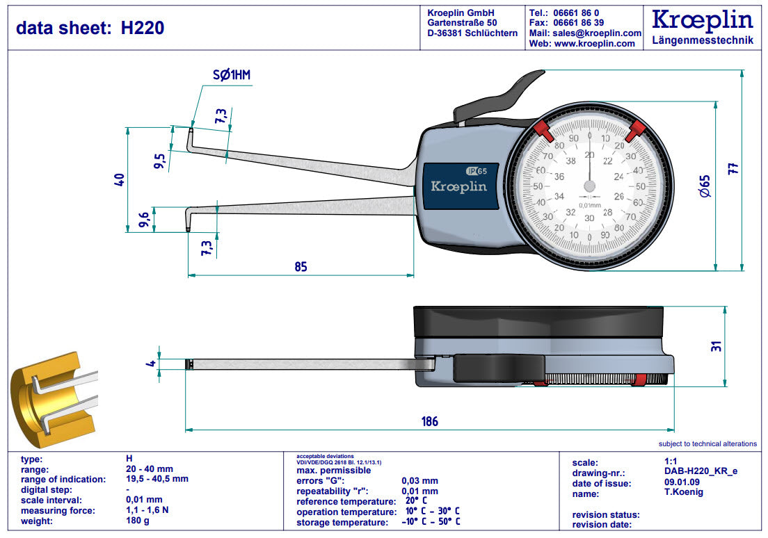 Kroeplin Metric Internal Caliper Gauge 20-40mm, 0.01mm, H220