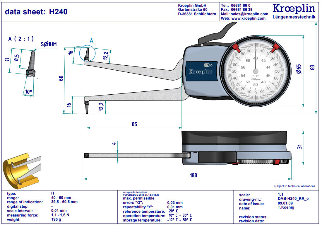 Metric Internal Caliper Gauge 40-60mm, 0.01mm