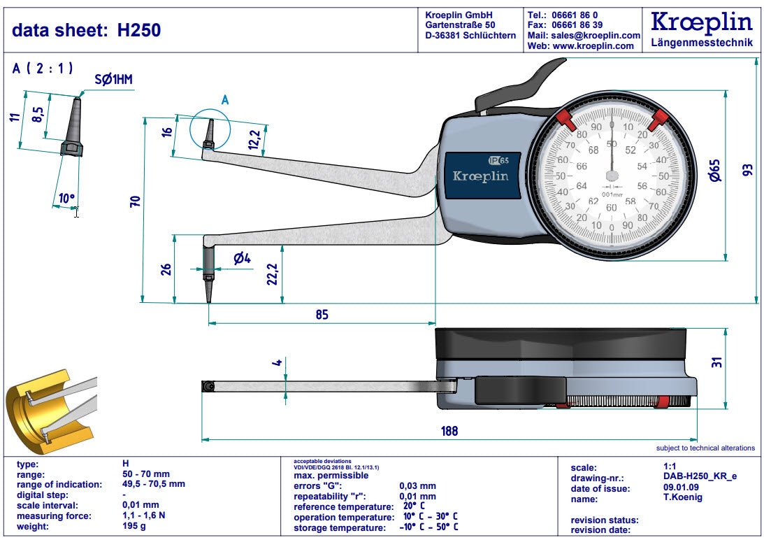 Kroeplin Metric Internal Caliper Gauge 50-70mm, 0.01mm H250