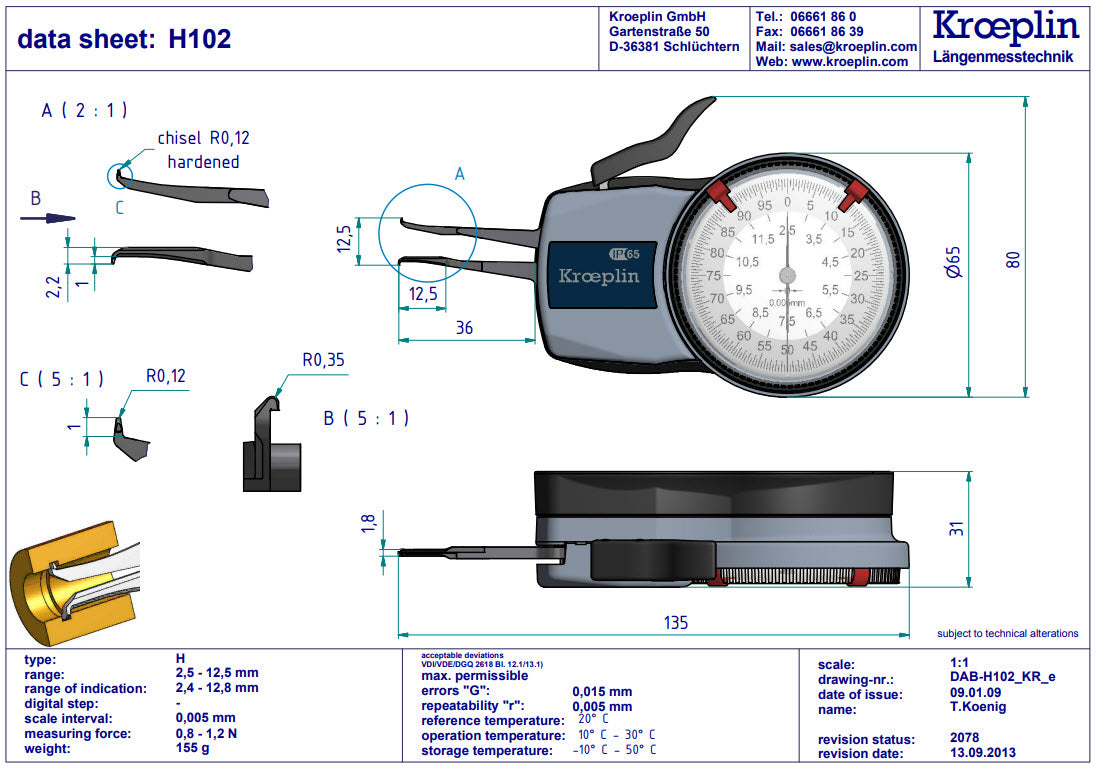 Metric Internal Caliper Gauge 2.5-12.5mm, 0.005mm, H102