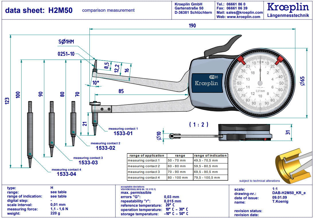 Kroeplin Metric Internal Caliper Gauge 50-100mm, 0.01mm H2M50