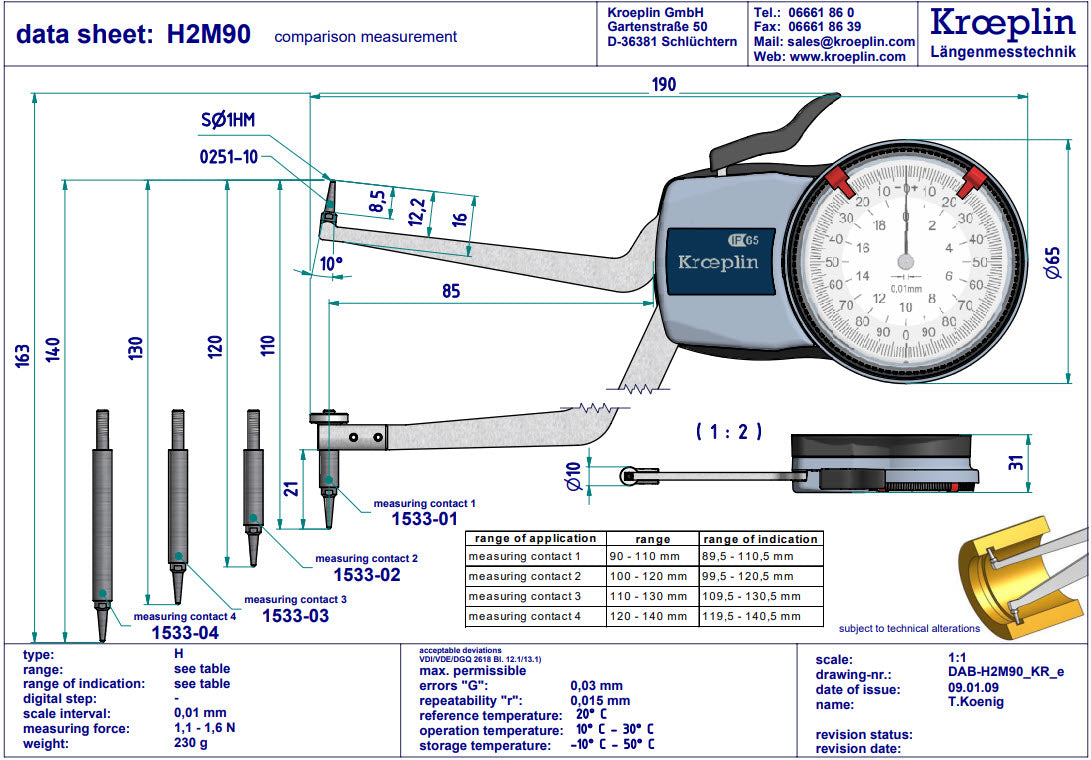 Metric Internal Caliper Gauge 90-140mm, 0.01mm