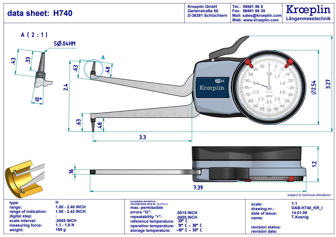 Kroeplin Metric Internal Dial Caliper Gauge 1.6-2.4" .0005" H740