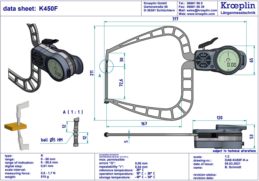 Digital External Caliper Gauge 0-50mm, 0.001mm K450F