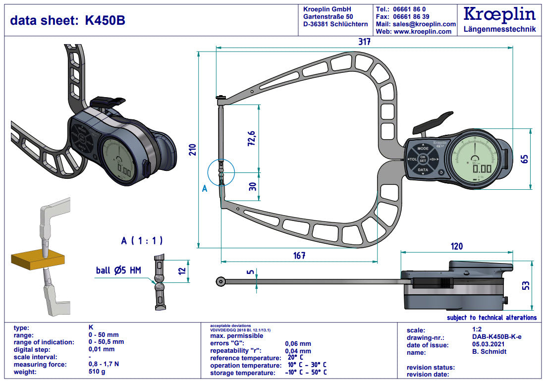 Digital External Caliper Gauge 0-50mm, 0.001mm K450B