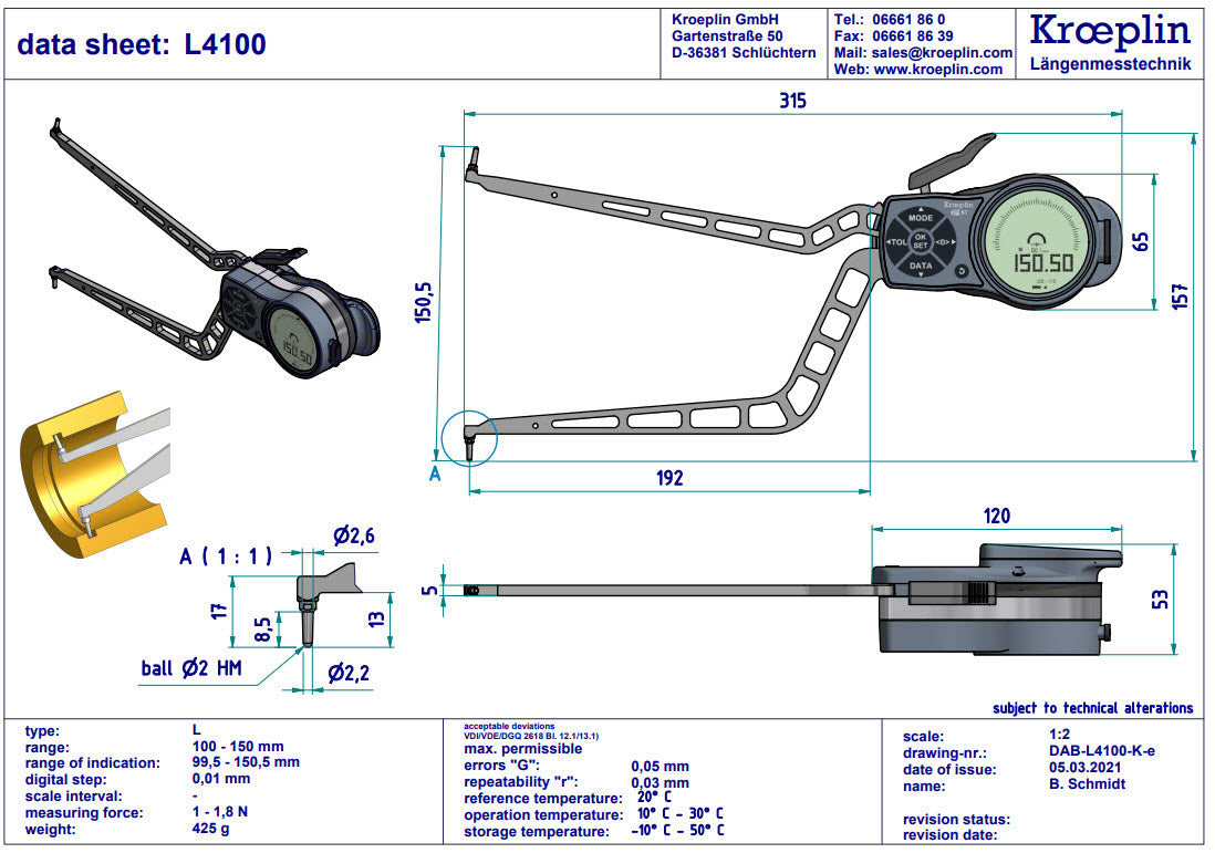 Digital Internal Caliper Gauge 100-150mm, 0.001mm