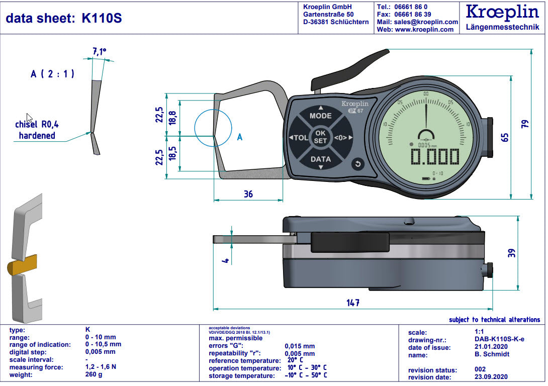 Digital External Caliper Gauge 0-10mm, 0.001mm K110S