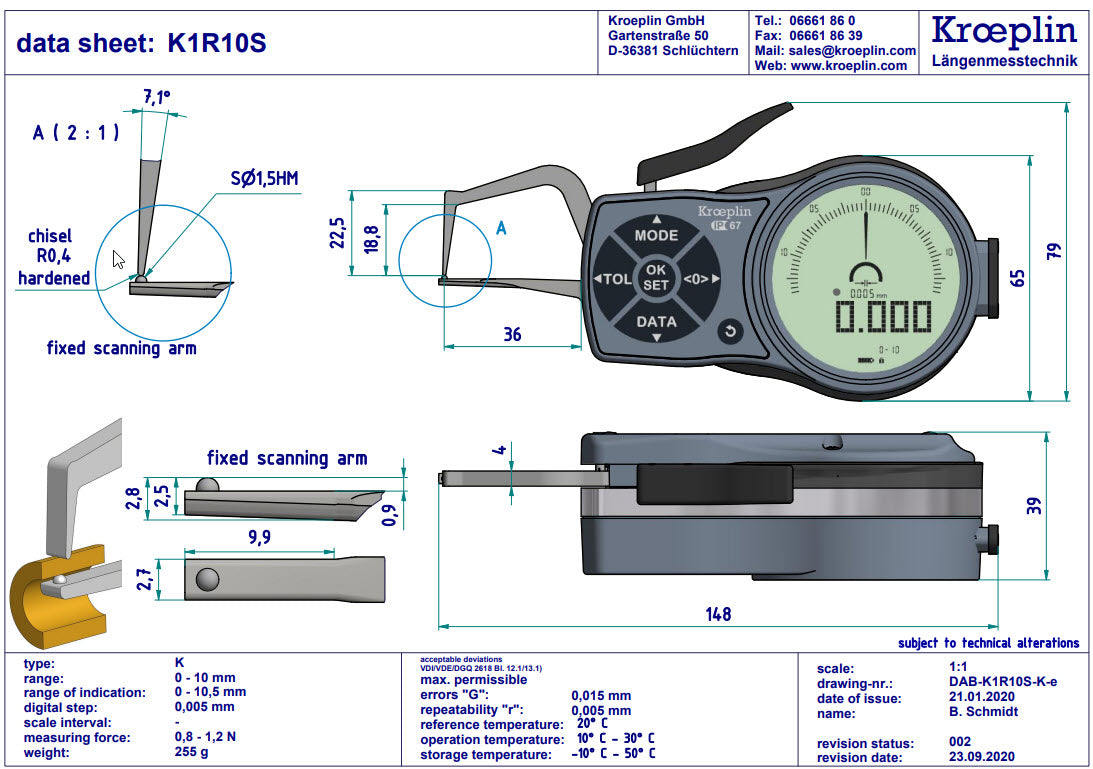 Digital Tube Wall Caliper Gauge 0-10mm, 0.001mm K1R10S