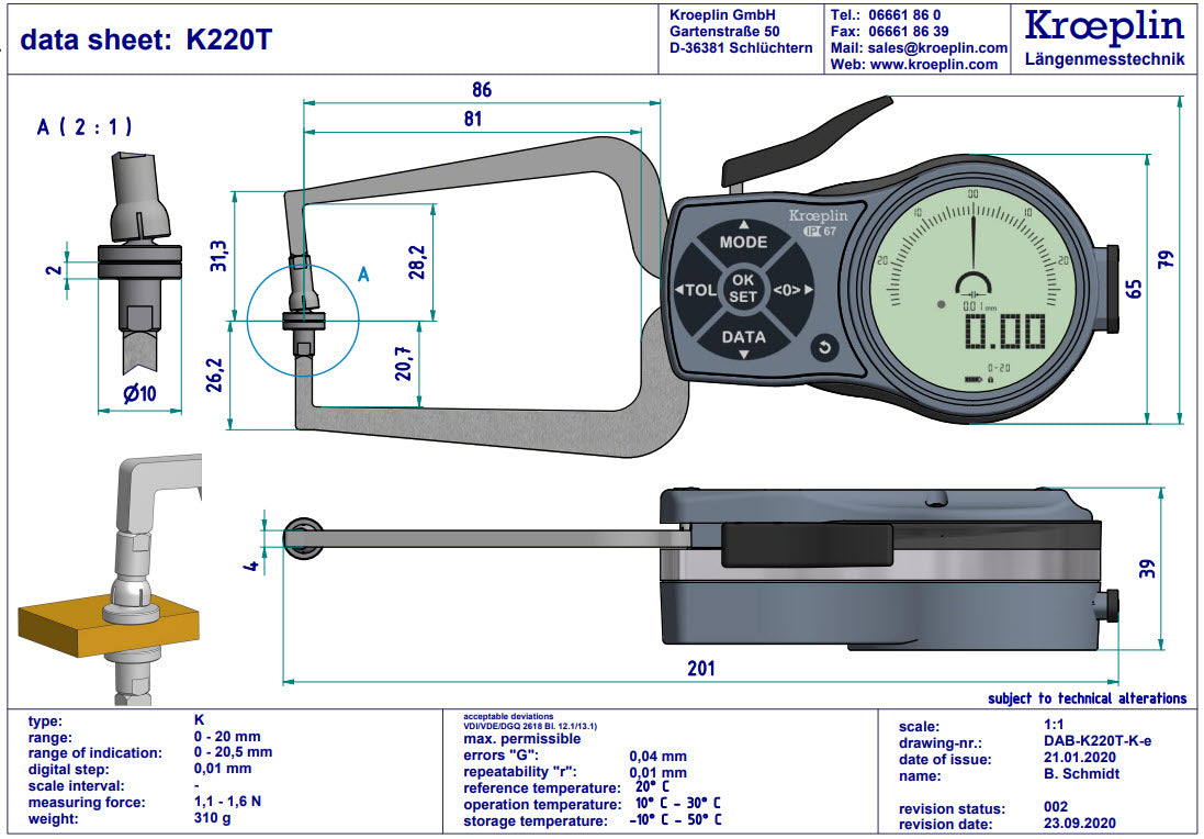 Digital External Caliper Gauge 0-20mm/0-.8", 0.001mm K220T with 10mm flat anvils