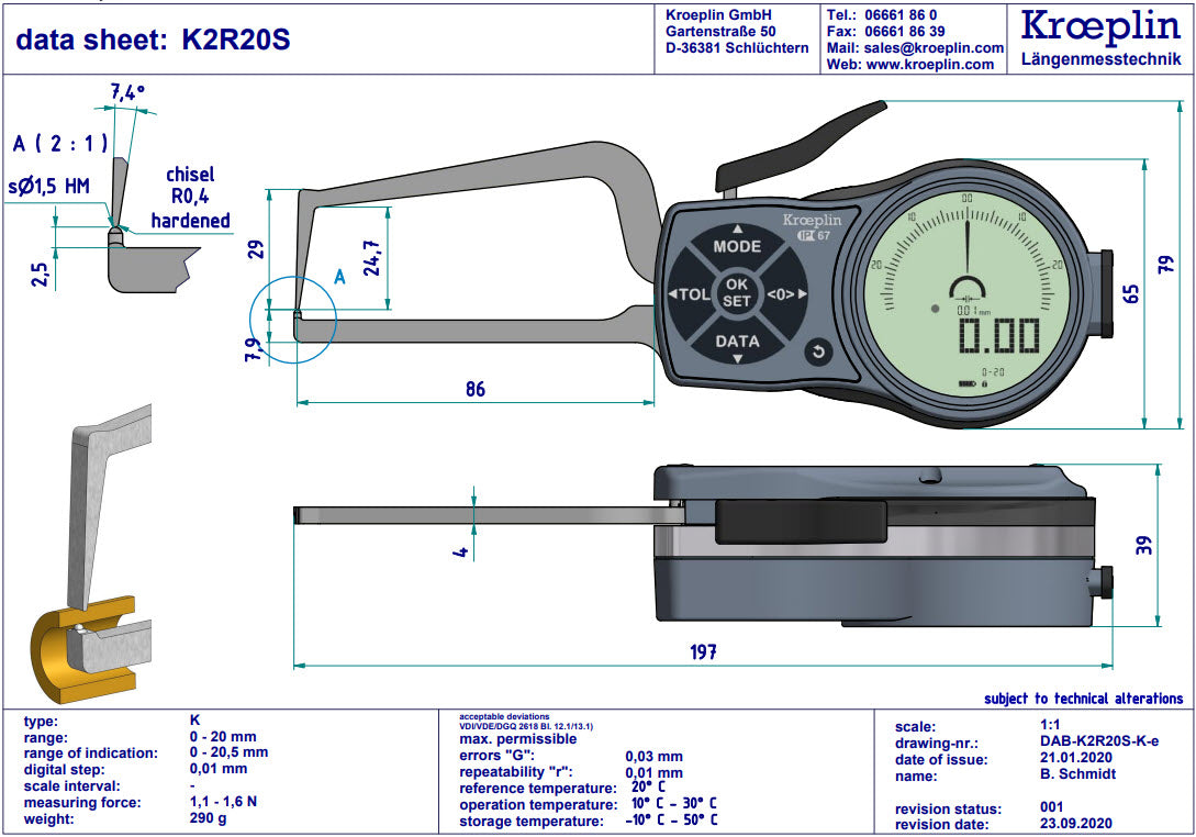 Digital Tube Wall Caliper Gauge 0-20mm, 0.001mm K2R20S