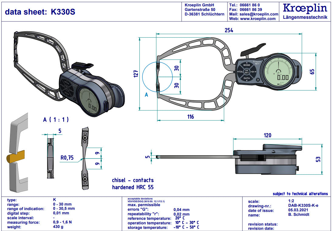 Digital External Caliper Gauge 0-30mm, 0.001mm K330S