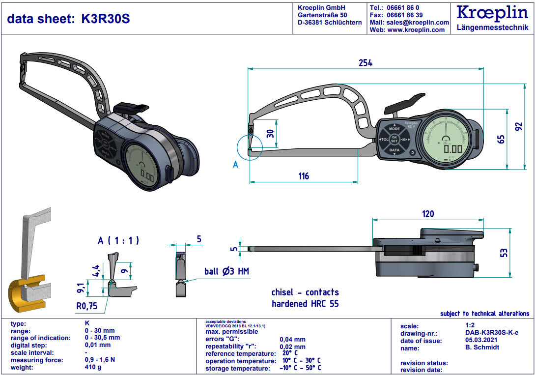 Digital Tube Wall Caliper Gauge 0-30mm, 0.001mm K3R30S