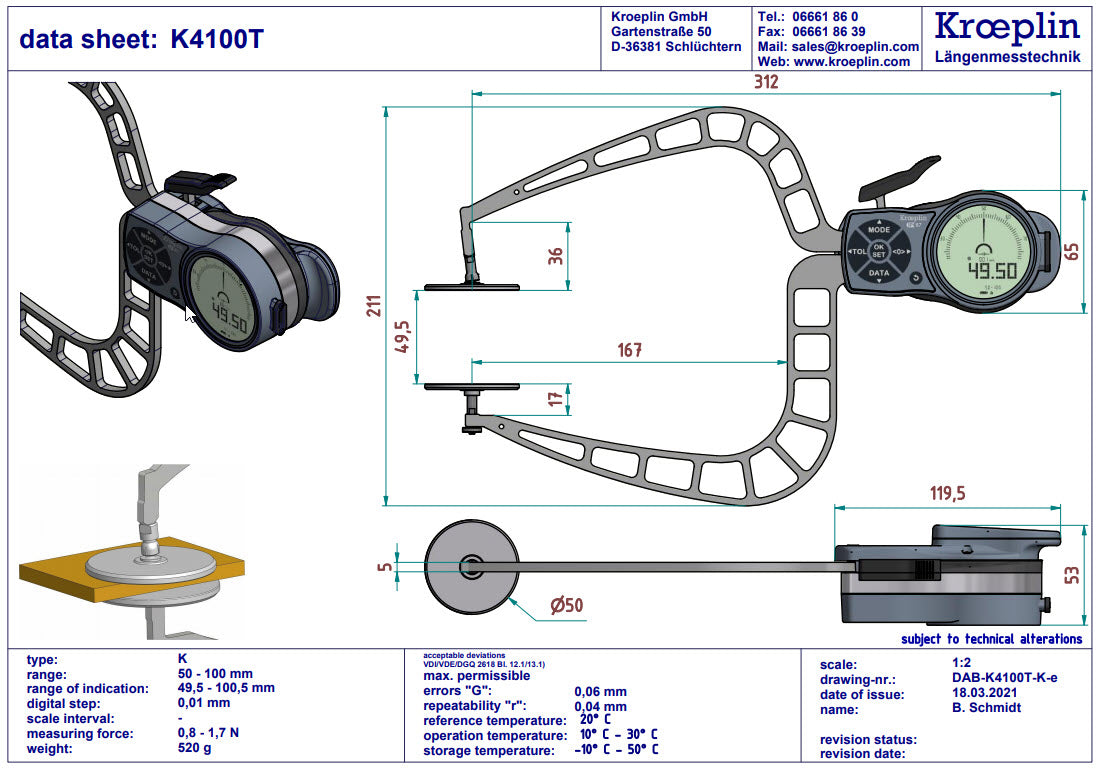 Digital External Caliper Gauge 0-100mm, 0.001mm K8100T with 50mm flat anvils