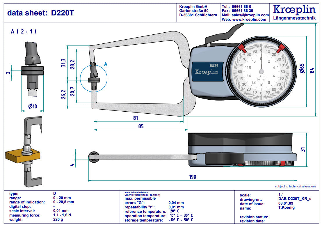 Analogue Tube Wall Caliper Gauge 0-20mm, 0.01mm D2R20S