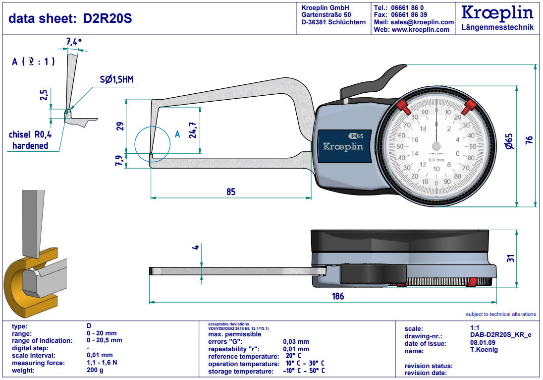 Kroeplin Analogue Tube Wall Caliper Gauge 0-20mm, 0.01mm D2R20S