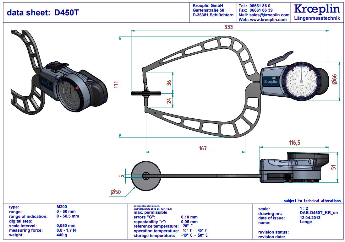 External Dial Caliper Gauge , 0,005mm D450T,  0-50mm