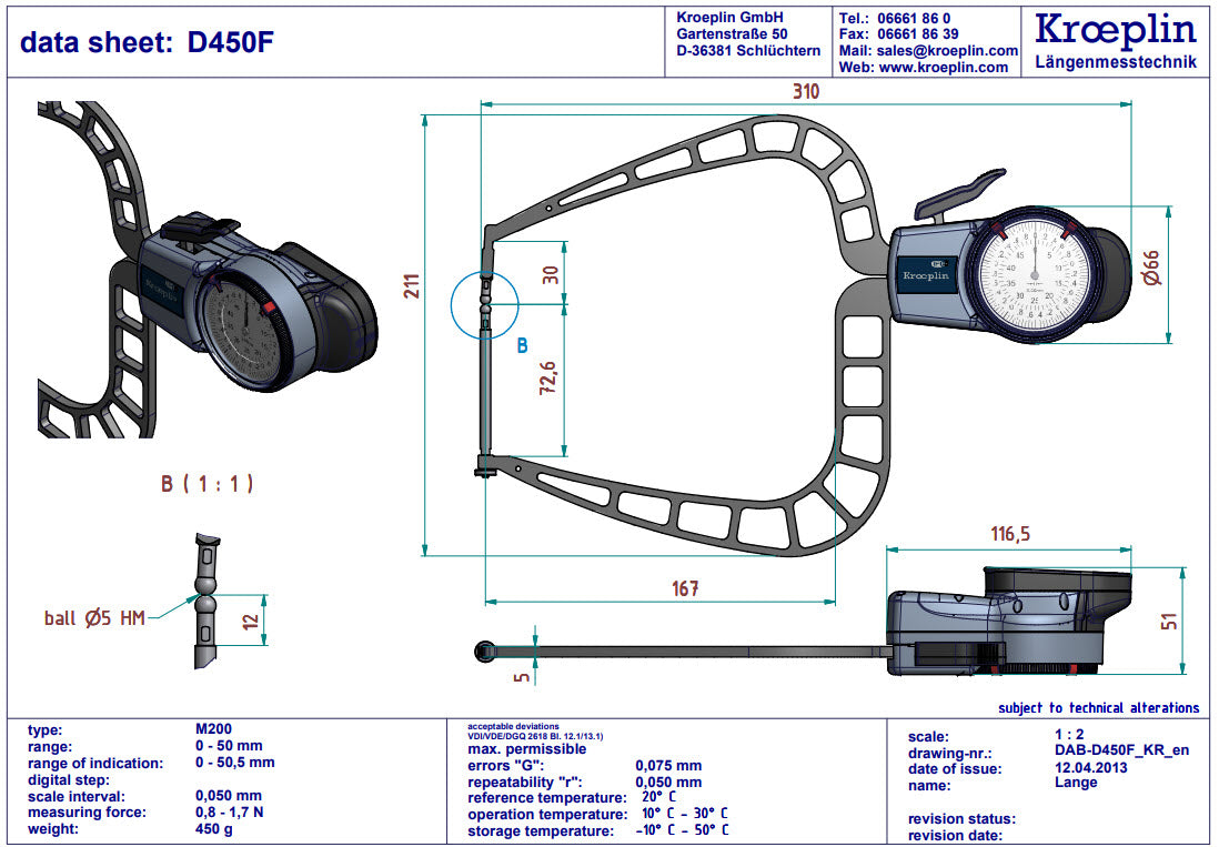 Digital External Caliper Gauge 0-50mm, 0.001mm D450F