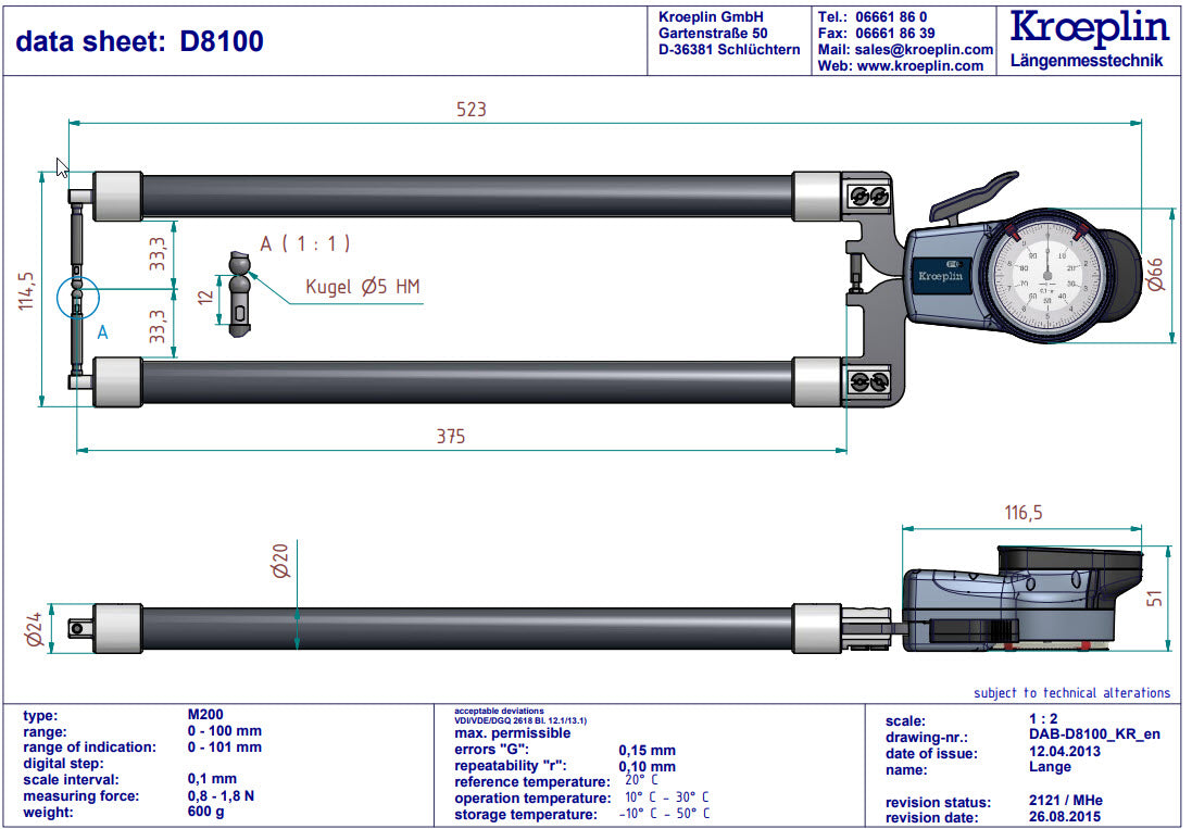 Analogue Tube Wall Caliper Gauge 0-100mm, 0.1mm D8100