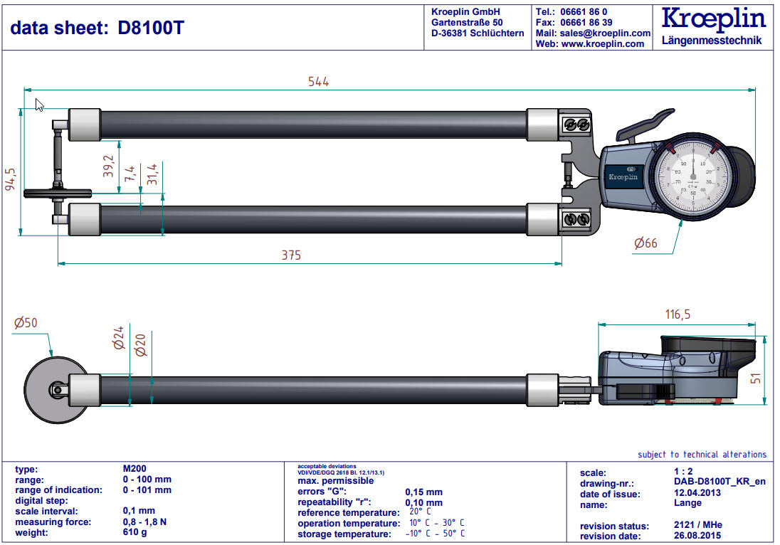 Analogue Tube Wall Caliper Gauge 0-100mm, 0.1mm D8100T